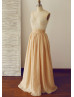 Champagne Chiffon Deep V Neckline Beading Prom Dress